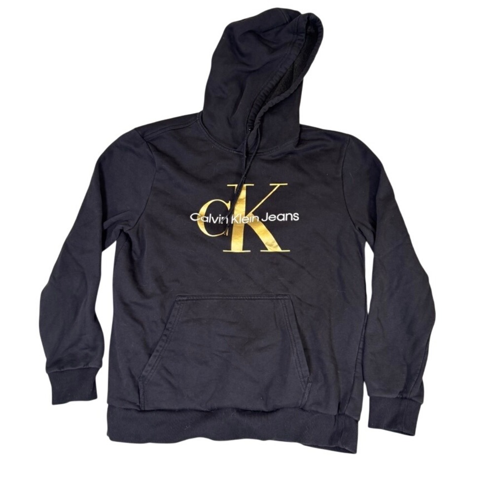 Calvin Klein Jeans Mens Black Gold Foil Logo Hoodie Sweatshirt Large